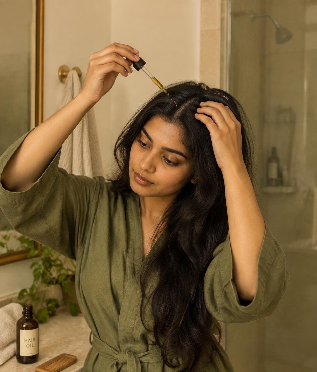Applying hair oil to the scalp with a dropper